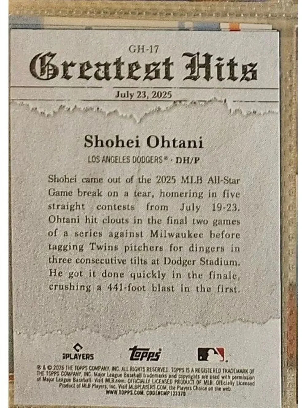 Shohei Ohtani - 2026 Topps Series 1 Greatest Hits insert - #GH-17 - LA Dodgers - Picture 2 of 2